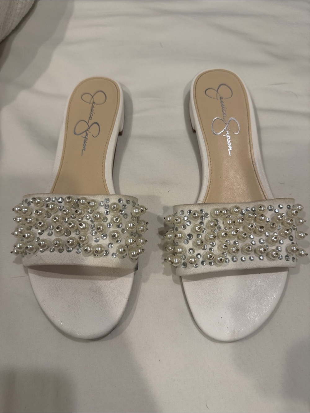Jessica Simpson White Pearl & Crystal Embellished Slide Mules